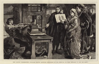 La célébration de Caxton, William Caxton montrant des spécimens de son impression au roi Édouard IV et à sa reine
